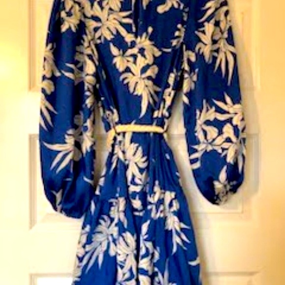 ALEXIS Silky Blue Mini Dress Floral Print Long Balloon Sleeves Rope Tie Belt S - Picture 5 of 6